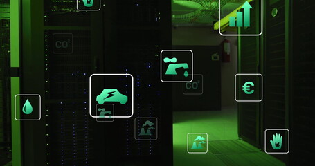 Poster - Image of eco icons and digital data processing over computer servers