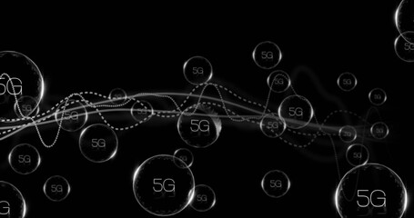 Poster - 5G text image over abstract waves and circles on black background