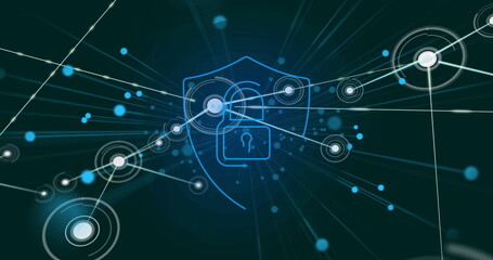Aufkleber - lock and shield icon with network connections, cybersecurity image