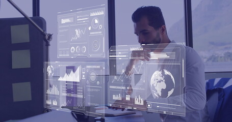 Poster - Image of data processing over caucasian businessman using computer in office