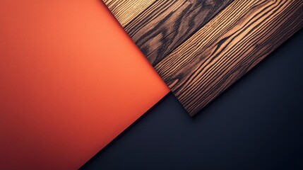 Poster - Orange and dark grey surfaces divided by wooden planks forming a triangle