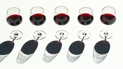   A cluster of wine glasses rests beside a row of red-filled wine goblets