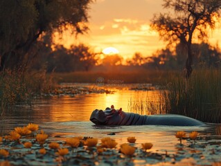 Wall Mural - A majestic hippopotamus bathes in a golden sunset river surrounded by lily pads