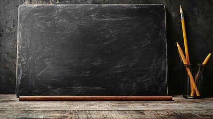 Aufkleber - Blank blackboard on wooden table with pencils in a glass jar