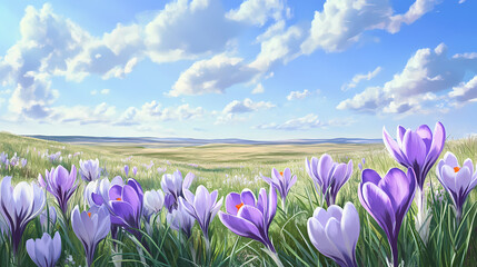 Wall Mural - Vibrant purple crocus flowers bloom amidst verdant green grasses and wispy wildflowers, set against a serene blue sky with vast, open canadian prairie landscape. Vibrant Prairie. Illustration