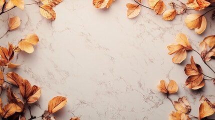 Poster - Autumnal flat lay composition of dried leaves framing marble background