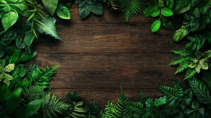 Poster - Tropical green leaves bordering wooden background creating empty space