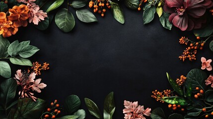 Aufkleber - Autumn floral frame composition on black background for copy space