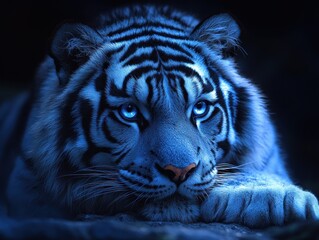 Wall Mural - a striking portrait of a serene white tiger with vivid blue eyes and dark stripes