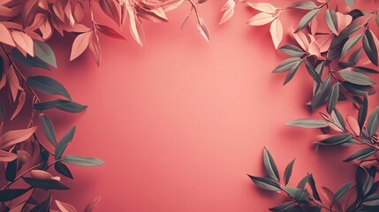 Poster - Branches with green and pink leaves creating a frame on a coral background