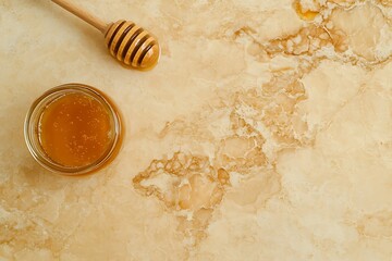 Golden Honey in a Jar with Wooden Dipper