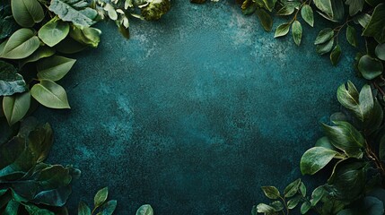 Aufkleber - Green leaves creating a frame on a textured teal background