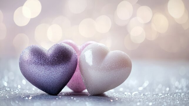 Radiant Valentine's Day background with glossy hearts, shimmering bokeh, and a soft gradient from pink to purple