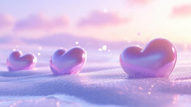 Radiant Valentine's Day background with glossy hearts, shimmering bokeh, and a soft gradient from pink to purple