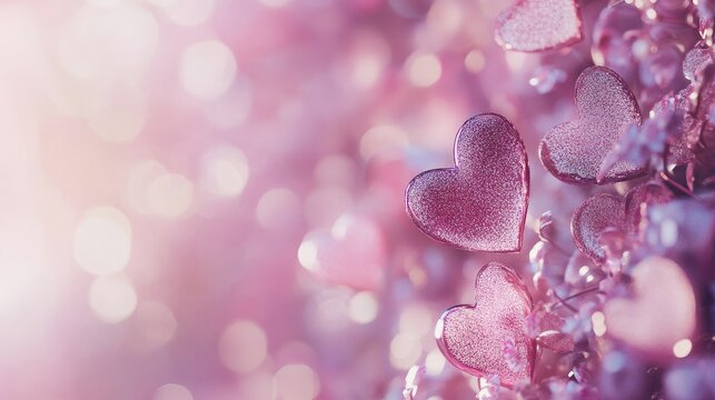 Radiant Valentine's Day background with glossy hearts, shimmering bokeh, and a soft gradient from pink to purple