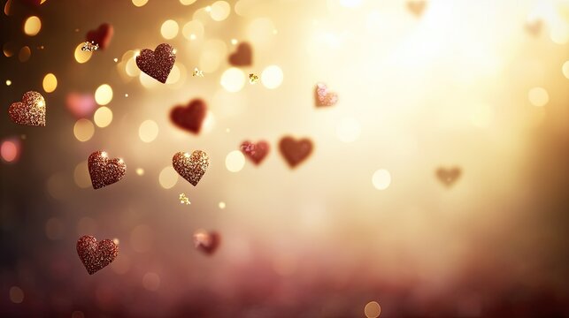 Shiny hearts scattered across a glowing Valentine's Day background with gold glitter accents and romantic lighting