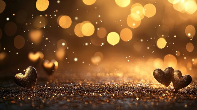 Shiny hearts scattered across a glowing Valentine's Day background with gold glitter accents and romantic lighting