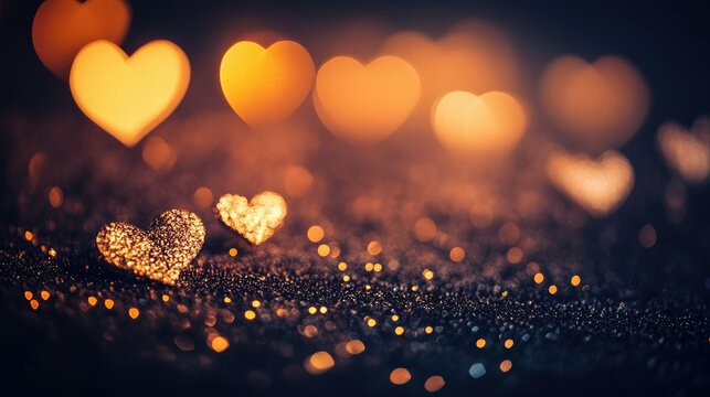 Shiny hearts scattered across a glowing Valentine's Day background with gold glitter accents and romantic lighting