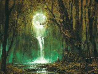 Sticker - enchanted forest with moonlit waterfall