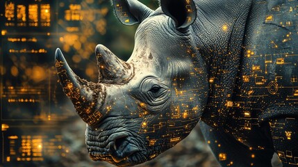 Poster - A Rhinoceros with Digital Overlay Showing Technological Integration