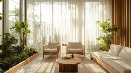 Poster - Sunlit minimalist living room with light wood furniture, plants, and sheer curtains.
