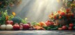 © Mardhiah - Abundant Harvest Display Featuring Fresh Vegetables and Colorful Flowers on a Wooden Table Under Soft Sunlight with Vivid Colors and Natural Textures