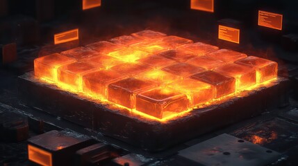 Poster - Glowing orange cubes arranged on a dark surface, resembling a futuristic energy source or technology.