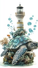Poster - Sea Turtle Lighthouse Coral Reef Scene Underwater Bubbles