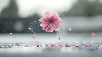 Wall Mural - Pink flower falling, petals scattering, water droplets.