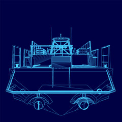 Poster - Blue drawing of a boat with a blue background. The boat is shown in a very detailed manner, with the front of the boat being the most detailed