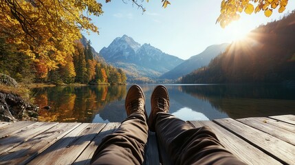 Aufkleber - A relaxing image of a person lying on a wooden deck near a scenic lake