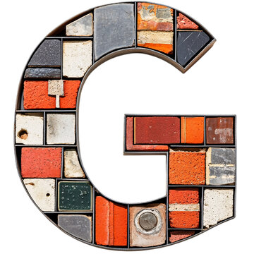A unique uppercase letter 'G' formed with elements of classic and modern architecture, incorporating bricks, steel, and glass, centered on a bright white background