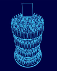 Poster - Blue image of a tall stack of wine bottles. The image is of a wine rack with many bottles on it
