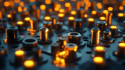 Poster - Close-up of numerous metallic bolts, nuts, and screws illuminated with warm lighting, creating a dense, industrial texture.