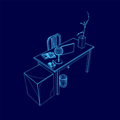 Poster - blue drawing of a desk with a laptop, a book, a vase, a potted plant, a chair, and a box