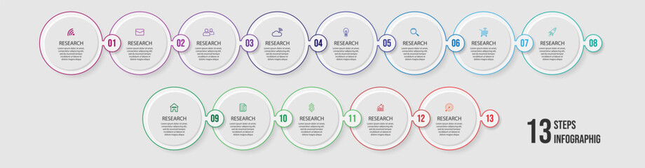 Aufkleber - Business Infographic Template Design. Timeline with 13 marketing steps, options and icons. Vector linear infographic with eleven connected elements. Can be used for presentations in your business.