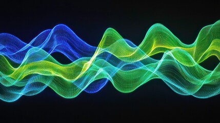 Wall Mural - Abstract wavy lines of blue and green light on black background.