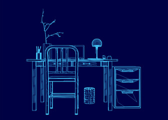 Poster - blue drawing of a desk with a chair, a lamp, and a potted plant. the desk is made of wood and has a 