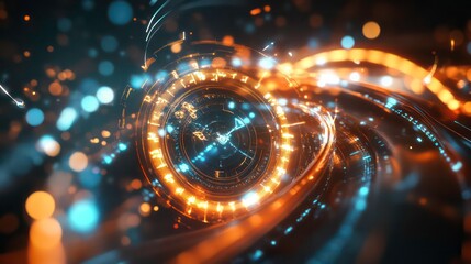 Aufkleber - Abstract swirling metallic clock with glowing lights and bokeh.