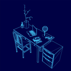 Poster - blue drawing of a desk with a laptop, a vase, a lamp, and a chair. the desk is set up for work or st