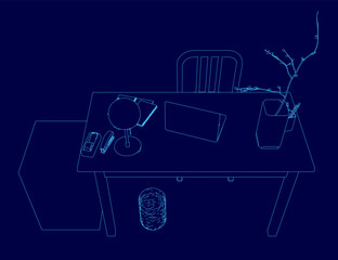 Poster - Blue drawing of a desk with a laptop, a keyboard, a mouse, a cell phone, a cup, a bowl, a vase, a book, and a pen