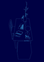 Poster - Blue drawing of a desk with a laptop, a keyboard, a mouse, a vase, a cup, and a book
