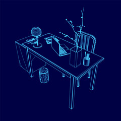 Poster - computer desk with a laptop, a vase, a bowl, and a book. the desk is blue and the laptop is on top o