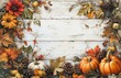 © Mardhiah - Autumn Harvest Background with Colorful Leaves, Pumpkins, and Pine Cones Framing a Rustic Wooden Plank Surface for Seasonal Decorations or Greeting Cards