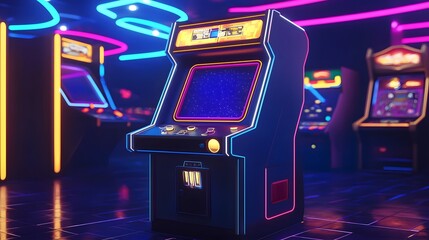 Nostalgic retro arcade cabinet featuring neon lights glowing in a vivid purple and blue futuristic 3D digital The cabinet displays a sleek modern design with chrome and steel elements