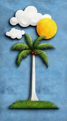 Wall Mural - a vibrant, artistic depiction of a palm tree under a sunny sky, featuring clouds and a textured blue