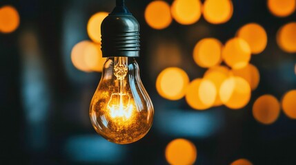 Aufkleber - Glowing vintage light bulb hanging against a bokeh background.