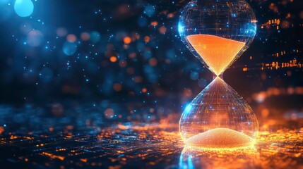 Aufkleber - Futuristic hourglass with glowing sand, reflecting on dark surface, bokeh background.