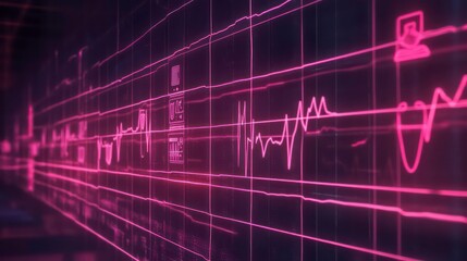 Poster - Abstract pink digital heartbeat waveform data stream on dark background.