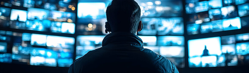 Poster - Man monitoring video wall, control room